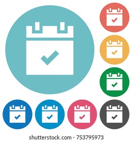 Schedule done flat white icons on round color backgrounds