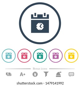 schedule event time flat color icons in round outlines. 6 bonus icons included.