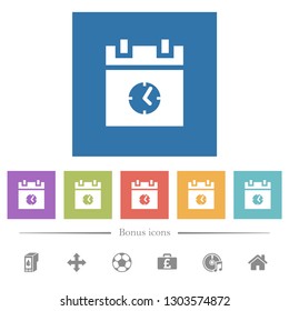 schedule event time flat white icons in square backgrounds. 6 bonus icons included.
