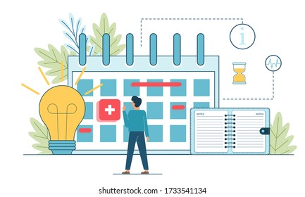 Schedule Events. Business people planning, event, news, reminder online schedule. Calendar concept, advertising time management. Task planning training activities schedule checkpoints notebook. Vector