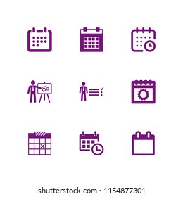 schedule icon. 9 schedule set with project, calendar with a clock time tools, daily calendar and calendar vector icons for web and mobile app
