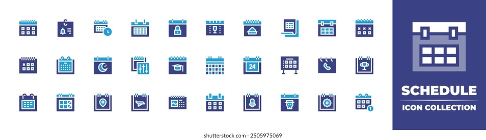 Schedule icon collection. Duotone color. Vector illustration. Containing schedule, calendar, holidays, bell, placeholder, alarm, date, deskcalendar, weekend.