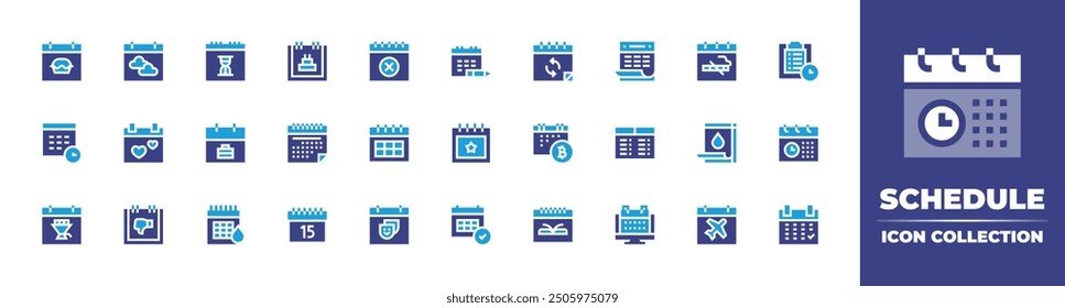 Schedule icon collection. Duotone color. Vector illustration. Containing jobinterview, flexibleschedule, calendar, birthday, event, time, badday, valentinesday, administration.