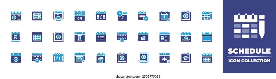 Schedule icon collection. Duotone color. Vector illustration. Containing days, coffeecup, schedule, calendar, earthday, setting, checkmark, graduation, worldanimalday, dry.