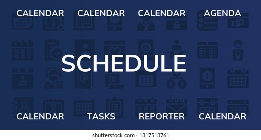 schedule icon set. 32 filled schedule icons. on blue background style Collection Of - Calendar, Agenda, Tasks, Reporter, Event, Task, Manager, Organization, Reminder, Timetable