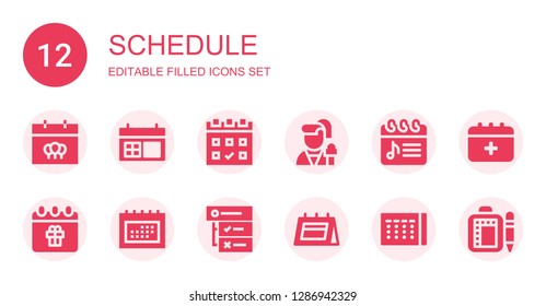 schedule icon set. Collection of 12 filled schedule icons included Calendar, Reporter, Schedule, Tasks