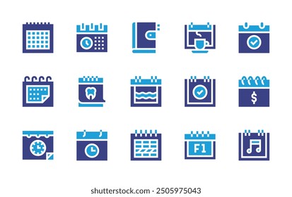 Schedule icon set. Duotone color. Vector illustration. Containing event, coffeecup, calendar, schedule, music, checkmark.