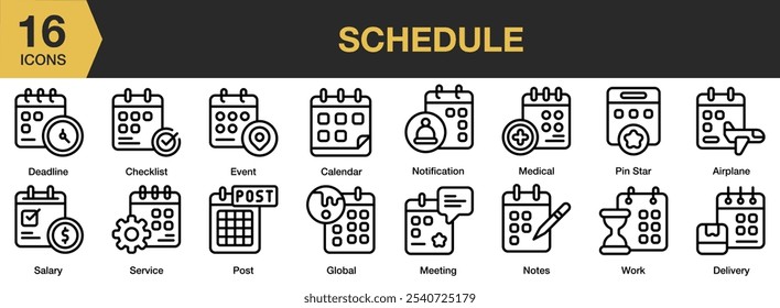 Conjunto de iconos de programación. Incluye avión, calendario, lista de verificación, fecha límite, entrega y más. Colección de Vector de iconos de contorno.