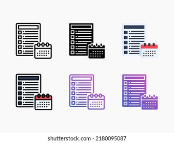 Schedule icon set with line, outline, flat, filled, glyph, color, gradient. Editable stroke and pixel perfect. Can be used for digital product, presentation, print design and more.