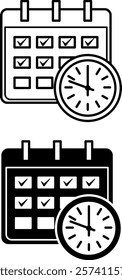 Schedule Icons. Black and White Vector Icons. Calendar and Clock. Office Concept