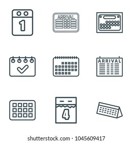 Schedule icons. set of 9 editable outline schedule icons such as arrival table, 1st day calendar, calendar