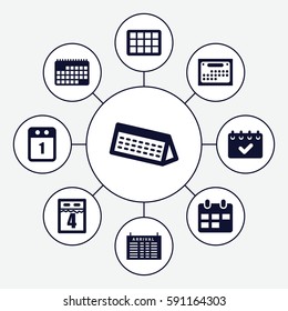 schedule icons set. Set of 9 schedule filled icons such as arrival table, 1st day calendar, calendar