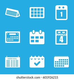 schedule icons set. Set of 9 schedule filled icons such as arrival table, 1st day calendar, calendar