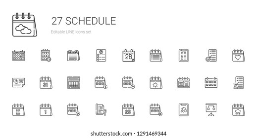 schedule icons set. Collection of schedule with tasks, calendar, report, planning, task. Editable and scalable schedule icons.