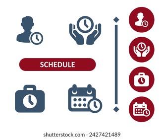 Schedule icons. Time, clock, man, hands, user, luggage, suitcase, calendar icon. Professional, 32x32 pixel perfect vector icon.