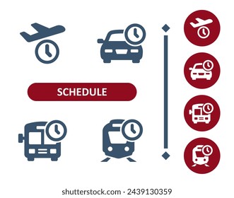 Iconos de programación. Hora, reloj, avión, coche, autobús, tren, transporte público, icono de viaje. Profesional, icono de vector perfecto de 32x32 píxeles.