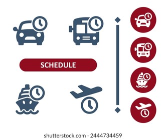 Schedule icons. Time, clock, public transport, car, bus, ship, plane icon. Professional, 32x32 pixel perfect vector icon.