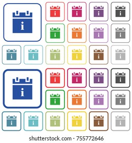 Schedule info color flat icons in rounded square frames. Thin and thick versions included.