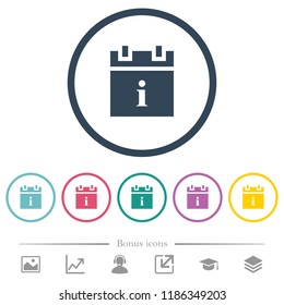 Schedule info flat color icons in round outlines. 6 bonus icons included.