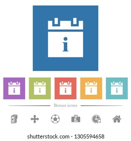 Schedule info flat white icons in square backgrounds. 6 bonus icons included.