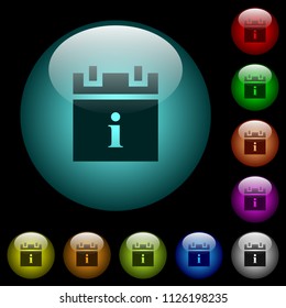 Schedule info icons in color illuminated spherical glass buttons on black background. Can be used to black or dark templates