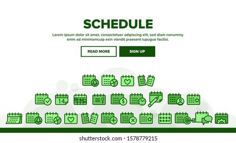 Schedule Landing Web Page Header Banner Template Vector. Calendar With Clock And Human, Heart And Bell, Dollar And Gear Mark Schedule Illustration