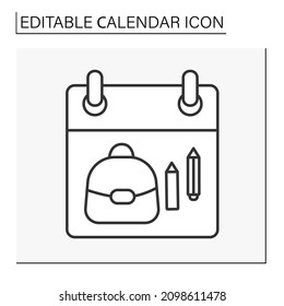  Schedule line icon. Back to school. Education. School Bag and pencils for studying. Calendar concept. Isolated vector illustration. Editable stroke