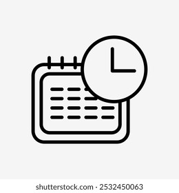 Symbolentwurf für Planungszeile. Gliederungssymbol für Datum und Uhrzeit. Symboldesign im Kalender- und Uhrzeigerlinienstil.