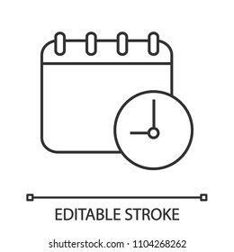 Schedule linear icon. Appointment. Timetable. Calendar page with clock. Thin line illustration. Contour symbol. Vector isolated outline drawing. Editable stroke
