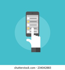 Schedule list on mobile phone, hand touch selecting task on smartphone organizer application. Flat icon modern design style vector illustration concept.