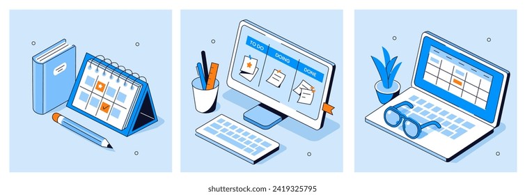 Schedule management, business and organization concept set. Office desk with calendar, laptop and computer with kanban board, to do list and tasks on screen.  Flat line isometric vector illustration 