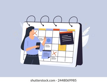 Schedule management, business and organization concept set. Collection of characters planning and organizing work tasks, making calendar appointment and to do list. Vector illustration