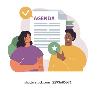 Schedule management. Character planning or checking task, appointment or assignment in a planner. Corporate agenda, time table organization for performance efficiency. Flat vector illustration