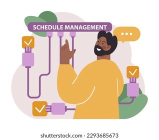 Schedule management. Character planning or checking task, appointment or assignment in a planner. Corporate agenda, time table organization for performance efficiency. Flat vector illustration