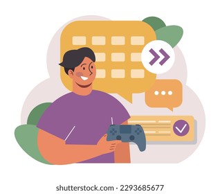 Schedule management. Character planning or checking task, appointment or assignment in a planner. Corporate agenda, time table organization for performance efficiency. Flat vector illustration