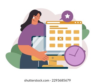 Schedule management. Character planning or checking task, appointment or assignment in a planner. Corporate agenda, time table organization for performance efficiency. Flat vector illustration
