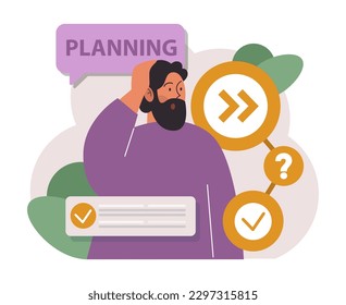 Schedule management. Character planning or checking task, appointment or assignment in a planner. Corporate agenda, time table organization for performance efficiency. Flat vector illustration