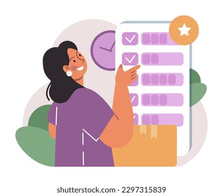 Schedule management. Character planning or checking task, appointment or assignment in a planner. Corporate agenda, time table organization for performance efficiency. Flat vector illustration