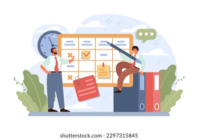 Schedule management. Character planning or checking task, appointment or assignment in a planner. Corporate agenda, time table organization for performance efficiency. Flat vector illustration