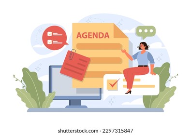 Schedule management. Character planning or checking task, appointment or assignment in a planner. Corporate agenda, time table organization for performance efficiency. Flat vector illustration
