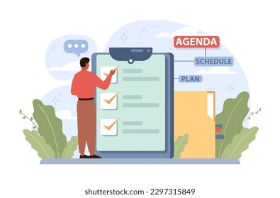 Schedule management. Character planning or checking task, appointment or assignment in a planner. Corporate agenda, time table organization for performance efficiency. Flat vector illustration