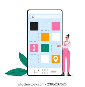 Schedule management concept. Planning and scheduling. Time management and effective workflow. Woman with smartphone. Cartoon flat vector illustration isolated on white background