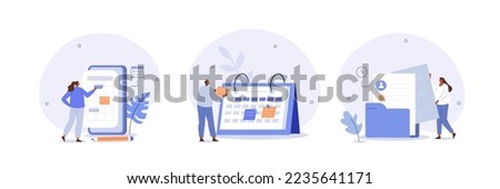 
Schedule management illustration set. Characters planning and organizing work tasks, making calendar appointments and to do list. Business and organization concept. Vector illustration.