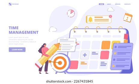 Schedule management, list of tasks online, time planning, checklist, calendar application. Flat design concept for landing page. Vector illustration with tiny characters.