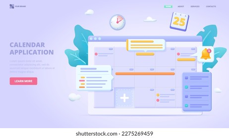 Schedule management, list of tasks online, to do reminder app, checklist, calendar application. 3d design concept for landing page. Three dimensional vector illustration.