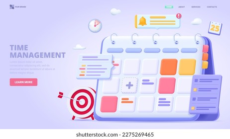 Terminplanverwaltung, Liste der Aufgaben online, Zeitplanung, Checkliste, Kalenderanwendung. 3D-Design-Konzept für Landing-Page. dreidimensionale Vektorgrafik.