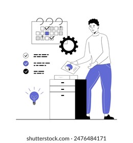 Schedule management. Planning, organizing work tasks, making calendar appointments and to do list. Business and organization concept. Vector illustration with line people for web design.