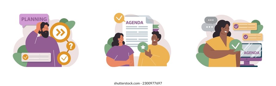 Schedule management set. Character planning or checking task, appointment or assignment in a planner. Corporate agenda, time table organization for performance efficiency. Flat vector illustration