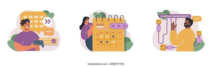 Schedule management set. Character planning or checking task, appointment or assignment in a planner. Corporate agenda, time table organization for performance efficiency. Flat vector illustration