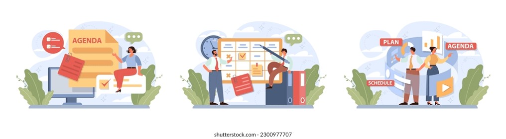 Plan-Management-Set. Aufgabe der Charakterplanung oder -kontrolle, Ernennung oder Zuweisung in einem Planer. Unternehmensagenda, Terminkalender-Organisation für die Effizienz der Leistung. Flache Vektorgrafik